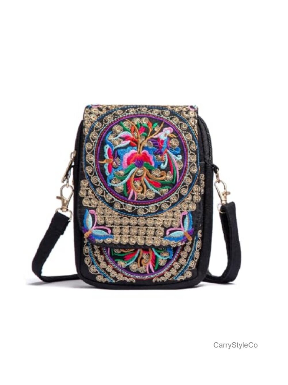 Vintage Embroidered Canvas Cell Phone Crossbody Purse Boho Floral Handbag